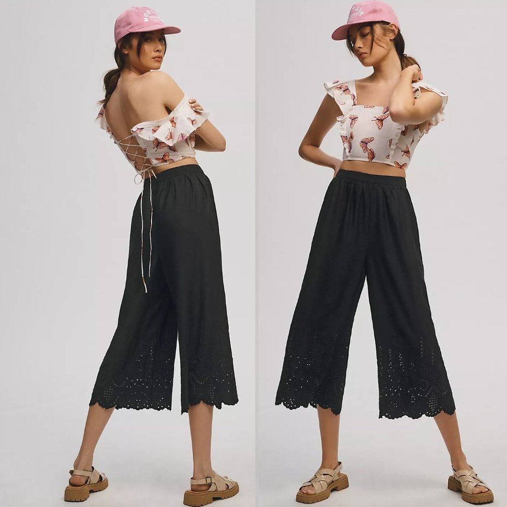 By Anthropologie Wide-Leg Eyelet Crop Pants size 6 new with tag black